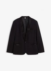 Marynarka smokingowa ze stretchem, slim fit. Czarne garnitury męskie bonprix, m, bez wzorów, z satyny, eleganckie, bez kołnierzyka, bez ramiączek. Za 299.99 zł.
