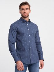 Klasyczna męska bawełniana koszula SLIM FIT w palmy - ciemnoniebieska V5 OM-SHCS-0156 - XXL. Niebieskie koszule męskie Ombre Clothing, l, bez wzorów, z bawełny, klasyczne, bez kołnierzyka, bez ramiączek. W wyprzedaży za 69.99 zł.