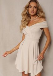 Beżowa Rozkloszowana Sukienka z Dekoltem w Łódkę Cerania. Brązowe sukienki damskie Renee, na imprezę, l, bez wzorów, eleganckie, bez kołnierzyka, bez ramiączek, mini, rozkloszowane. Za 89.99 zł.