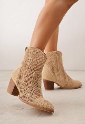 Ciemnobeżowe Botki Kowbojki VICES na Stożku z Ażurową Cholewką Azivessa. Brązowe botki damskie Born2be, na wiosnę, w ażurowe wzory, z jeansu, boho, bez obcasa, na obcasie, bez zapięcia. Za 149.99 zł.