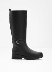 Kozaki. Czarne kozaki damskie bonprix, bez wzorów, bez obcasa, bez zapięcia. Za 209.99 zł.