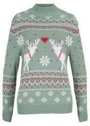 Sweter w norweski wzór golfem. Zielone swetry nierozpinane damskie bonprix, bez wzorów, bez kołnierzyka, bez ramiączek. Za 124.99 zł.
