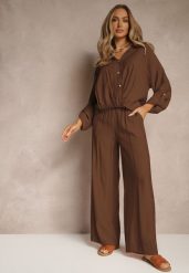 Brązowy Komplet z Wiskozy w Stylu Oversize Szerokie Spodnie i Luźna Koszula na Guziki Natinne. Brązowe koszule damskie Renee, bez wzorów, z wiskozy, biznesowe, bez kołnierzyka, bez ramiączek. Za 129.99 zł.