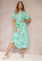 Miętowo-Zielona Rozkloszowana Sukienka w Kwiaty z Falbaną Humina. Zielone sukienki damskie Renee, na co dzień, l, bez wzorów, z wiskozy, eleganckie, bez kołnierzyka, bez ramiączek, midi, rozkloszowane. Za 59.99 zł.