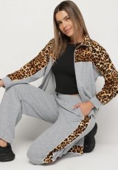 Szary Komplet Dresowy Bluza ze Stójką i Szerokie Spodnie w Panterkę Savorre. Szare bluzy damskie Born2be, l, bez wzorów, z dresówki, klasyczne, bez ramiączek, bez kaptura. Za 79.99 zł.