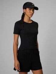 4F T-shirt slim z nadrukiem damski - czarny S. Czarne t-shirty damskie 4F, l, bez wzorów, z materiału, bez kołnierzyka, bez ramiączek. Za 59.99 zł.