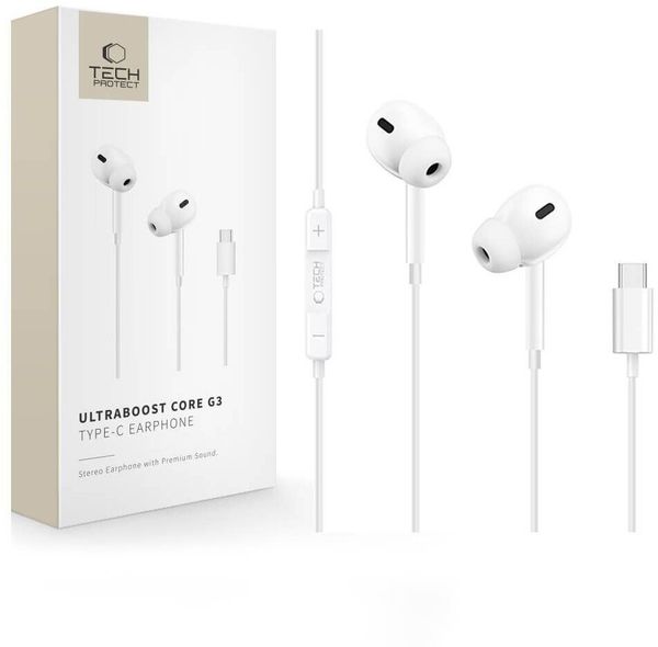 Słuchawki Tech-Protect Ultraboost TYPE-C earphone CORE G3 white (5906302324231). Białe słuchawki dokanałowe TECH-PROTECT. Za 27.21 zł.