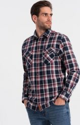 Ombre Męska koszula flanelowa z zapinanymi kieszeniami - czerwono-granatowa OM-SHCS-0137 S. Czerwone koszule męskie Ombre, m, bez wzorów, bez kołnierzyka, bez ramiączek. Za 159.99 zł.