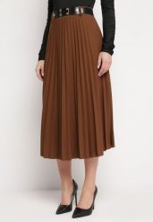 Ciemnobrązowa Spódnica Plisowana z Paskiem Onie. Brązowe spódnice damskie Born2be, na co dzień, bez wzorów, eleganckie, midi, koszulowe. Za 84.99 zł.