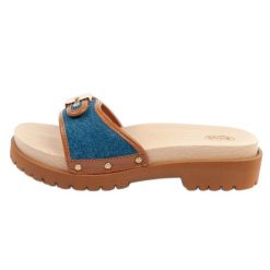 Klapki drewniaki Scholl Pescura Iconic F305492349 niebieskie. Niebieskie klapki damskie bez wzorów, z jeansu, casualowe, bez obcasa, bez zapięcia. Za 310.47 zł.