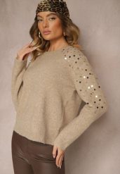 Beżowy Sweter z Bawełną i Cekinami Ceala. Brązowe swetry nierozpinane damskie Renee, s, z aplikacjami, z bawełny, casualowe, bez kołnierzyka, bez ramiączek. Za 99.99 zł.