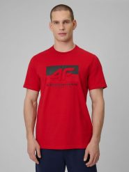 4F T-shirt regular z nadrukiem męski - czerwony L. Czerwone t-shirty męskie 4F, l, bez wzorów, z bawełny, bez kołnierzyka, bez ramiączek. Za 69.99 zł.