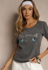Ciemnoszary T-shirt z Bawełny Ozdobiony Nadrukiem Savetelle. Szare t-shirty damskie Renee, l, bez wzorów, z bawełny, bez kołnierzyka, bez ramiączek. Za 39.99 zł.