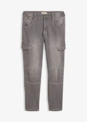 Lekkie jeansy bojówki o kroju regular fit z elastycznym pasem i prostą nogawką. Szare jeansy męskie bonprix, z jeansu. Za 64.99 zł.