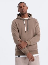 Bluza męska z kapturem nierozpinana - jasnobrązowa V8. Brązowe bluzy męskie Ombre Clothing, m, bez wzorów, z bawełny, bez ramiączek, z kapturem. W wyprzedaży za 29.99 zł.