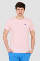 LA MARTINA Różowy t-shirt z małym logo. Czerwone t-shirty męskie La Martina, m, bez wzorów, bez kołnierzyka, bez ramiączek. W wyprzedaży za 179.99 zł.