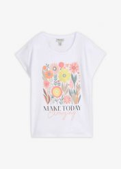 T-shirt z czystej bawełny. Białe t-shirty damskie bonprix, bez wzorów, z bawełny, bez kołnierzyka, bez ramiączek. Za 67.99 zł.