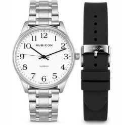 Zegarek Rubicon Zegarek męski RUBICON DIEGO RNAA02 srebrny bransoleta + czarny silikon cyfry. Czarne zegarki męskie Rubicon, bez wzorów, srebrne. Za 379.90 zł.
