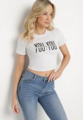 Jasnoszary Bawełniany T-shirt z Napisem i Łańcuchem Olimelia. Szare t-shirty damskie Born2be, m, bez wzorów, z bawełny, bez kołnierzyka, bez ramiączek. Za 34.99 zł.