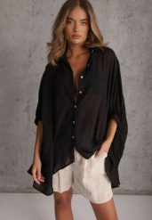 Czarna Nietoperzowa Koszula na Lato ze Zwiewnej Bawełny o Kroju Oversize Caeilla. Czarne koszule damskie Renee, l, bez wzorów, z bawełny, eleganckie, bez kołnierzyka, bez ramiączek. Za 139.99 zł.