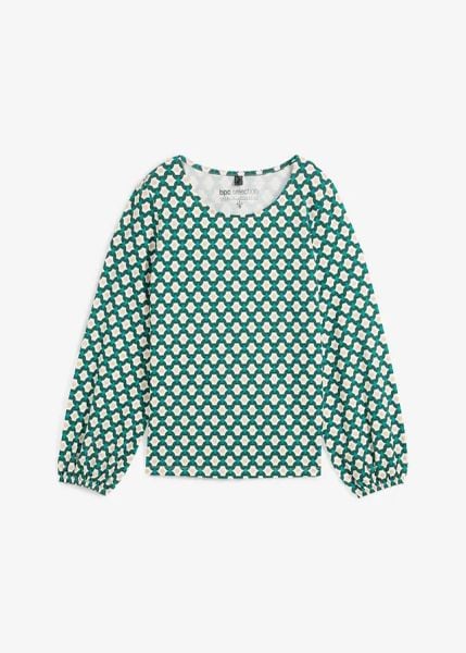 Bluzka z długim rękawem. Niebieskie bluzki damskie bonprix, bez wzorów, eleganckie, bez kołnierzyka, bez ramiączek. Za 84.99 zł.