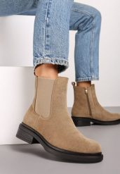 Ciemnobeżowe Klasyczne Botki w Stylu Sztybletów z Imitacji Zamszu Kaivina. Brązowe botki damskie Renee, bez wzorów, z jeansu, eleganckie, bez obcasa, na płaskiej podeszwie, bez zapięcia. Za 124.99 zł.