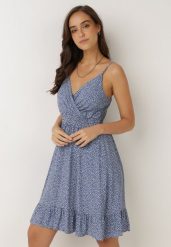Niebieska Sukienka Agalena. Niebieskie sukienki damskie Born2be, l, bez wzorów, z bawełny, bez kołnierzyka, bez ramiączek, mini, kopertowe. Za 64.99 zł.