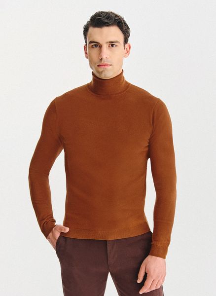 PALKO LORENTE - Kamelowy gładki golf męski. Swetry męskie Pako Lorente, na jesień, l, bez wzorów, z bawełny, bez kołnierzyka, bez ramiączek. Za 169.99 zł.