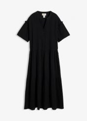 Sukienka midi z miękkiego muślinu. Czarne sukienki damskie bonprix, bez wzorów, bez kołnierzyka, bez ramiączek, midi. Za 147.99 zł.