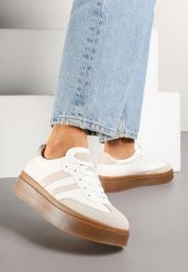 Biało-Beżowe Klasyczne Sneakersy Tenisówki na Niskiej Platformie Denirla. Białe trampki i tenisówki damskie Renee, bez wzorów, z jeansu, bez zapięcia. Za 99.99 zł.