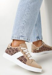 Beżowe Sneakersy z Nadrukiem Mindi. Brązowe obuwie sportowe damskie Born2be, bez wzorów, bez zapięcia. Za 69.99 zł.