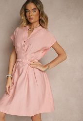 Różowa Rozkloszowana Sukienka z Wiskozy z Paskiem Zapinana na Napy Seporine. Czerwone sukienki damskie Renee, na co dzień, l, bez wzorów, z jeansu, eleganckie, bez kołnierzyka, bez ramiączek, midi, rozkloszowane. Za 84.99 zł.