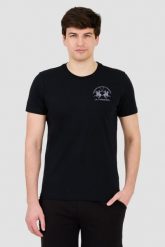 LA MARTINA Czarny t-shirt z dużym logo. Czarne t-shirty męskie La Martina, m, bez wzorów, bez kołnierzyka, bez ramiączek. W wyprzedaży za 199.99 zł.