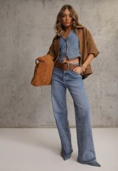 Niebieskie Jeansy Wide Leg High Waist z Bawełną i Dodatkiem Wiskozy Salithoe. Niebieskie jeansy damskie Renee, bez wzorów, z bawełny, z podwyższonym stanem, plus size. Za 139.99 zł.