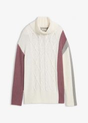 Sweter z golfem. Białe swetry nierozpinane damskie bonprix, bez wzorów, bez kołnierzyka, bez ramiączek. Za 139.99 zł.