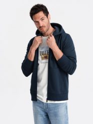 Rozpinana męska bluza dresowa BASIC – granatowa V1 OM-SSBZ-0160 - XXL. Niebieskie bluzy męskie Ombre Clothing, l, bez wzorów, z dresówki, z kapturem. Za 125.99 zł.