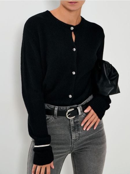 Rozpinany sweter - czarny. Czarne kardigany damskie Sinsay, l, bez wzorów, bez kołnierzyka. Za 59.99 zł.