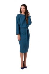 Dzianinowa Sukienka Midi z Paskiem - Morska. Zielone sukienki damskie MOE, l, bez wzorów, z bawełny, bez kołnierzyka, bez ramiączek, midi. Za 384.90 zł.