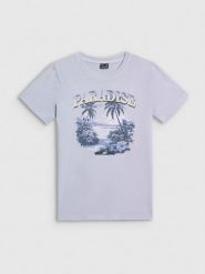 4F T-shirt regular z nadrukiem damski - niebieski XXL. Niebieskie t-shirty damskie 4F, xxl, bez wzorów, z bawełny, bez kołnierzyka, bez ramiączek. Za 69.99 zł.