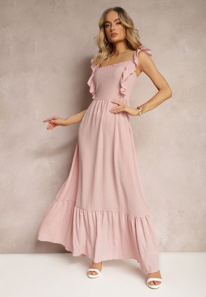 Różowa Sukienka z Wiązaniem na Plecach na Ramiączkach z Falbankami i Gumką w Pasie Rollas. Czerwone sukienki damskie Renee, na co dzień, na lato, bez wzorów, bez kołnierzyka, bez ramiączek, proste. Za 89.99 zł.