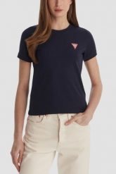 GUESS Granatowy damski t-shirt na krótki rękaw Crew Neck Mini Triangle, Rozmiar L. Niebieskie t-shirty damskie Guess, l, z aplikacjami, klasyczne, bez kołnierzyka, bez ramiączek. W wyprzedaży za 99.99 zł.