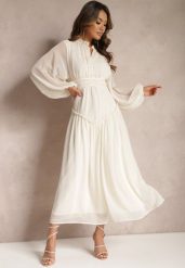 Jasnobeżowa Elegancka Sukienka w Stylu Vintage z Powlekanymi Guzikami i Marszczeniami Lefandia. Brązowe sukienki damskie Renee, na imprezę, l, bez wzorów, eleganckie, bez kołnierzyka, bez ramiączek, maxi. Za 99.99 zł.