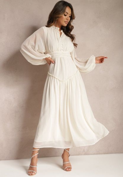 Jasnobeżowa Elegancka Sukienka w Stylu Vintage z Powlekanymi Guzikami i Marszczeniami Lefandia. Brązowe sukienki damskie Renee, na imprezę, l, bez wzorów, eleganckie, bez kołnierzyka, bez ramiączek, maxi. Za 99.99 zł.