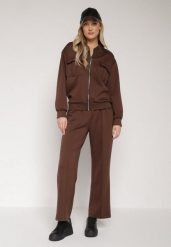 Brązowy Bawełniany Komplet Dresowy Bluza na Suwak i Spodnie Tevrisa. Brązowe bluzy damskie Born2be, bez wzorów, z bawełny, klasyczne, bez ramiączek, bez kaptura. Za 179.99 zł.