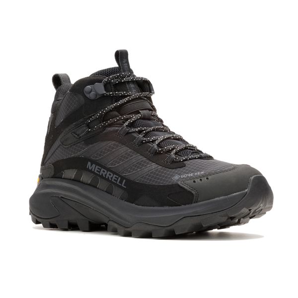Buty turystyczne męskie Merrell Moab Speed 2 Mid Gtx. Czarne buty zimowe męskie Merrell, bez wzorów, bez obcasa, bez zapięcia. Za 659.99 zł.