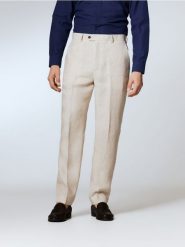 Lniane spodnie garniturowe - beżowy. Brązowe garnitury męskie Reserved, bez wzorów. Za 199.99 zł.