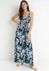 Czarno-Niebieska Sukienka Agilea. Niebieskie sukienki damskie Born2be, m, z aplikacjami, z tkaniny, bez kołnierzyka, bez ramiączek, maxi, kopertowe. Za 29.99 zł.
