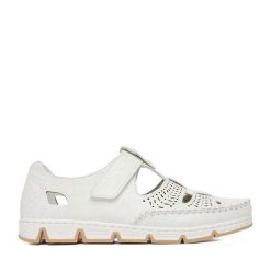 Półbuty Rieker. Białe półbuty damskie Rieker, bez wzorów, bez obcasa, na płaskiej podeszwie, bez zapięcia. Za 379.99 zł.