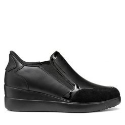 Półbuty Geox. Czarne półbuty damskie Geox, bez wzorów, bez obcasa, na koturnie, bez zapięcia. Za 449.99 zł.