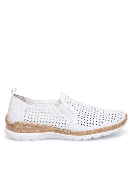 Rieker Półbuty N4251-80 Biały. Białe półbuty damskie Rieker, bez wzorów, ze skóry, bez obcasa, na płaskiej podeszwie, bez zapięcia. Za 189.99 zł.